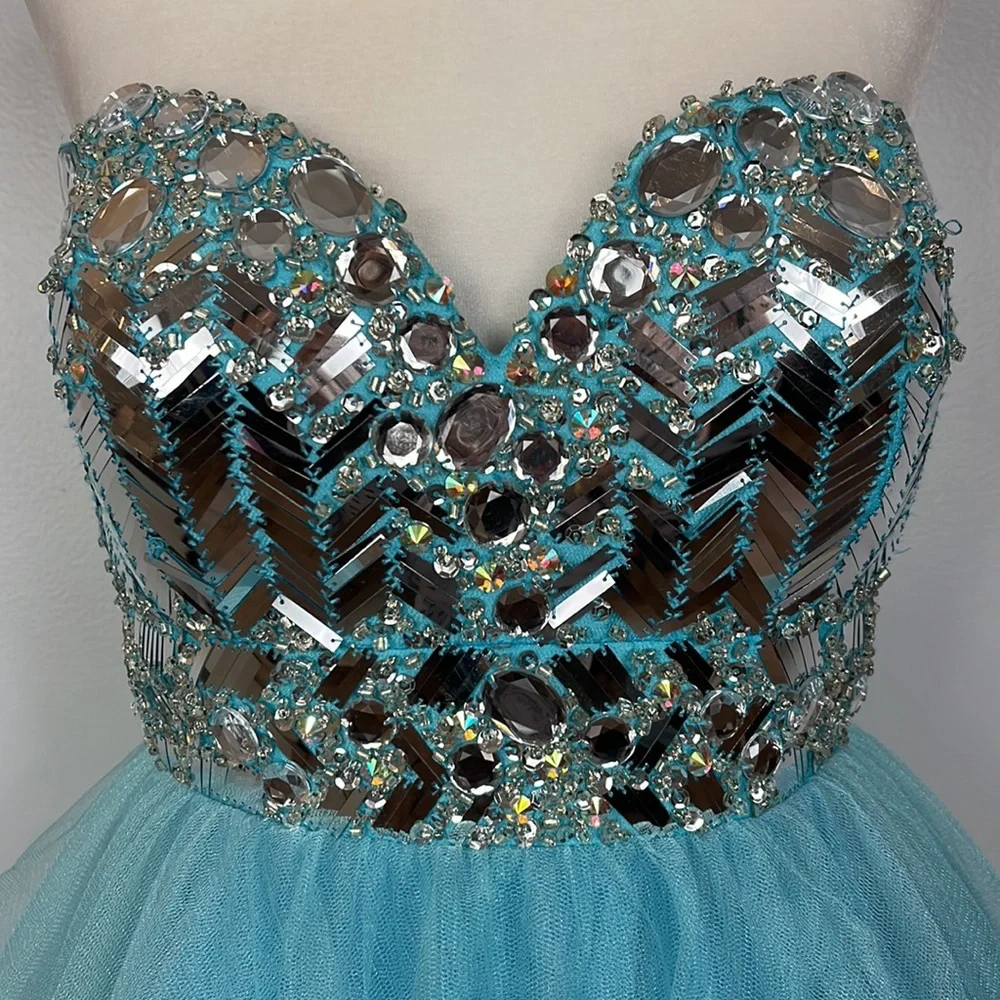 Tony Bowls Aqua Blue Formal Cocktail Prom Graduation Dress Mirrored Appliqué - Picture 5 of 16